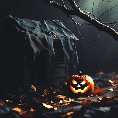Jack-o'-lantern in spooky haunted doghouse