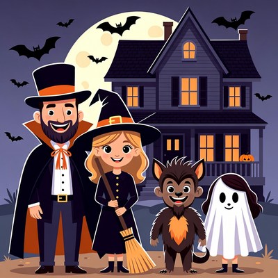 Family in Halloween Costumes with Haunted House