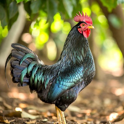 Black rooster in green foliage