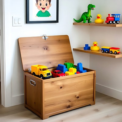 Open wooden toy chest with toys