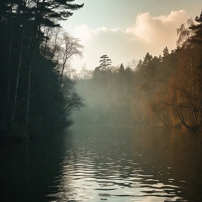 Forest River with Autumn Fog