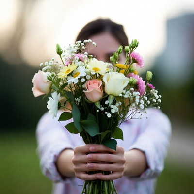 Woman holding colorful flower bouquet