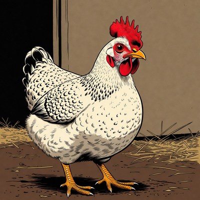 White rooster standing in barn