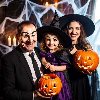 Family in Halloween costumes with pumpkins