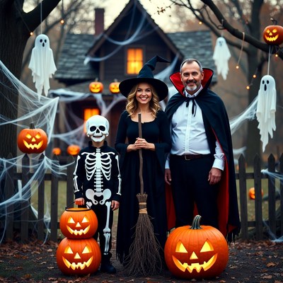 Family in Halloween Costumes with Pumpkins