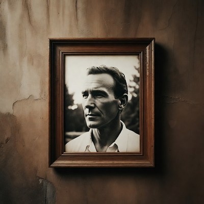 Man in portrait frame on wall