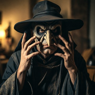 Man in grotesque witch mask