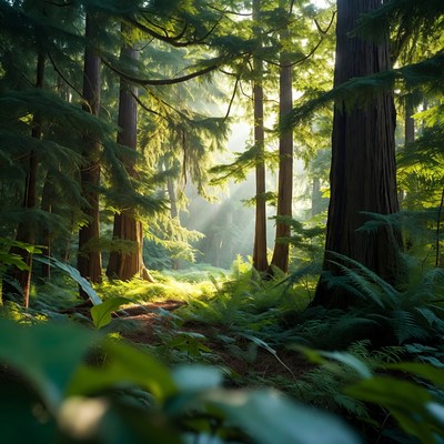 Sunlit Forest Path with Ferns