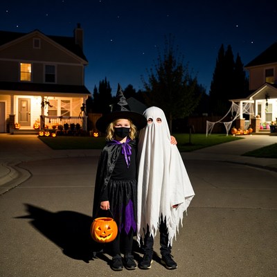 Girl Witch and Boy Ghost Trick-or-Treating