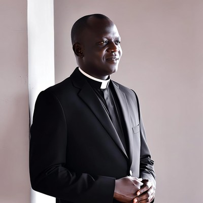 African priest in black cassock smiling