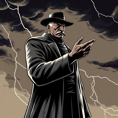 Cowboy pointing in thunderstorm illustration