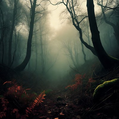 Misty Forest Path with Twisted Trees