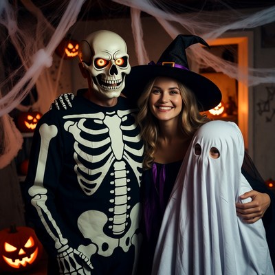 Family in Skeleton Witch Ghost Costumes
