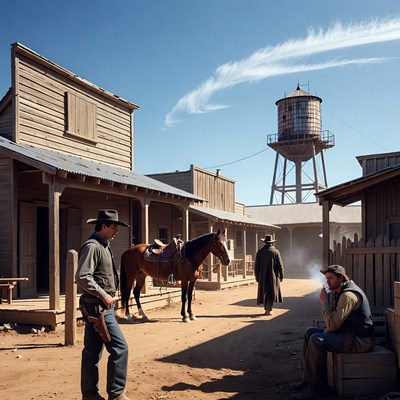 Cowboys in old western town