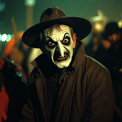 Man in white face mask and fedora