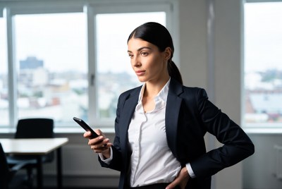 Businesswoman checking phone by window