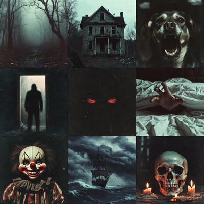 Horror collage with haunted house and clown