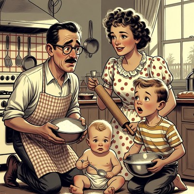 Family baking in vintage kitchen