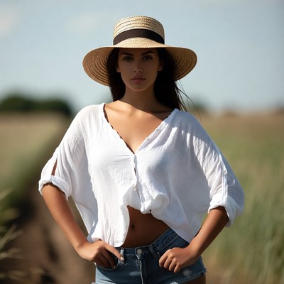 Woman in straw hat and white shirt in field
