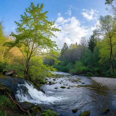 Waterfall flowing through green forest river
