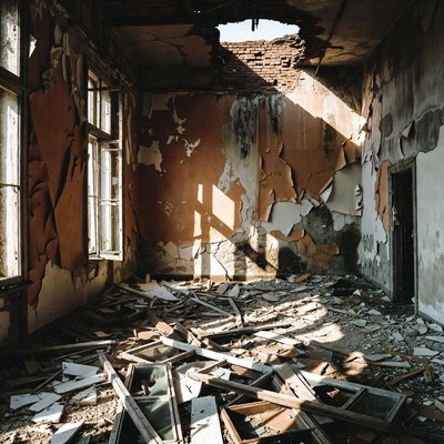 Abandoned Room with Debris and Broken Windows