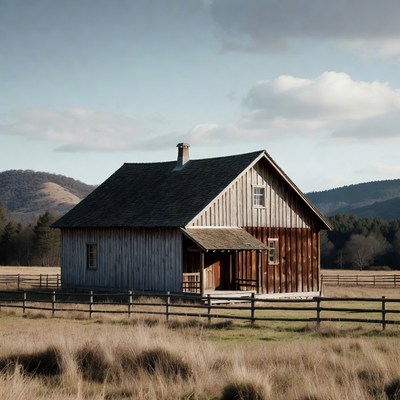 Wooden Cabin in Grassy Field