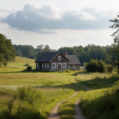 Wooden house in green field