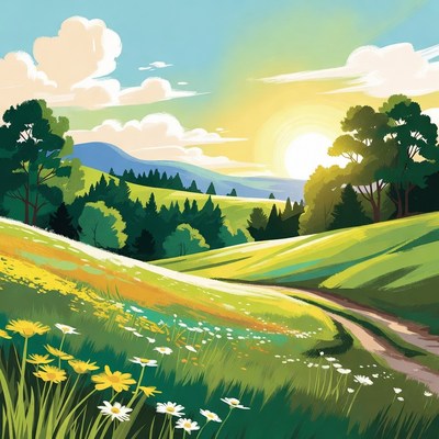 Sunrise Over Green Hills and Path