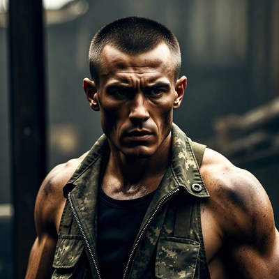 Muscular man in camo vest