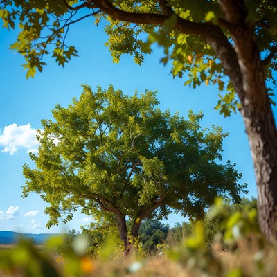 Large green tree in sunny field