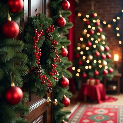Christmas Wreath on Wooden Door