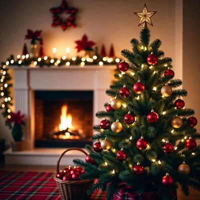 Christmas tree by fireplace