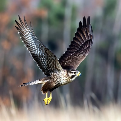Falcon flying over autumn marsh
