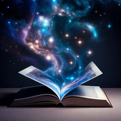 Open book with cosmic nebula energy