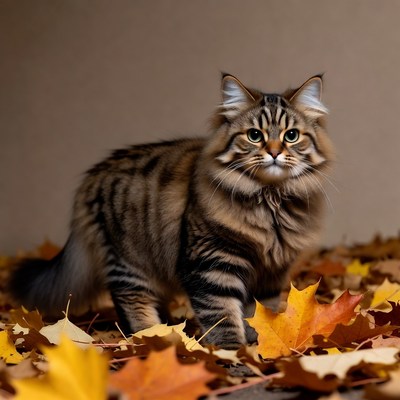 Tabby Kitten in Autumn Leaves