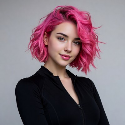 Woman with pink curly hair