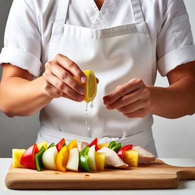 Chef squeezing lemon on skewers