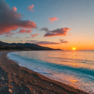 Sunset over pebbled beach and mountains
