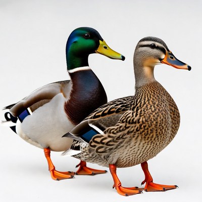 Male and female mallard ducks standing