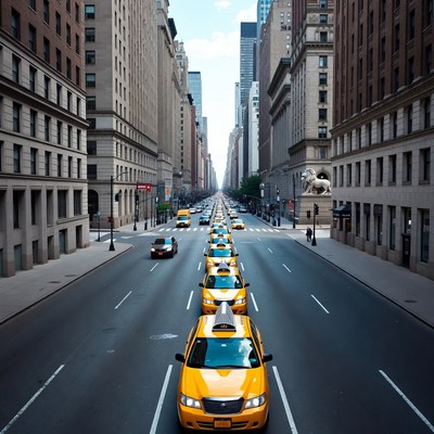 Yellow taxis lining New York street