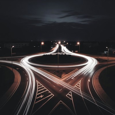 Night Traffic Roundabout Light Trails