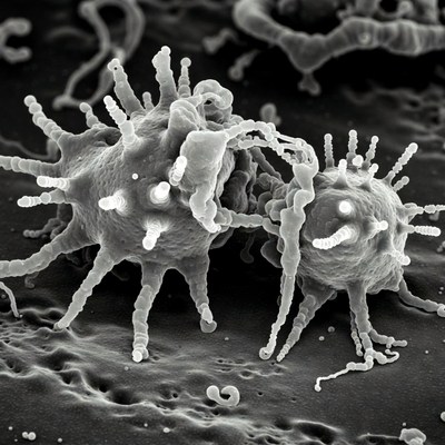 Clustered Bacteria Under Electron Microscope