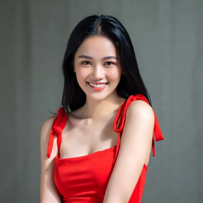 Asian woman smiling in red dress