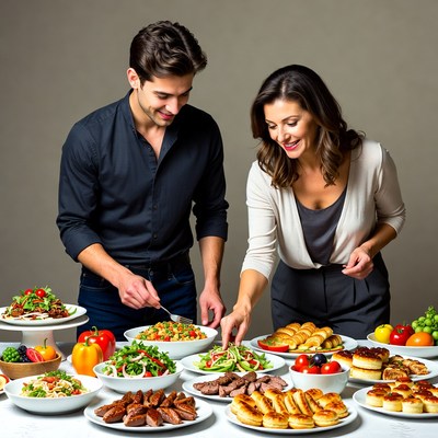 Couple preparing food at table