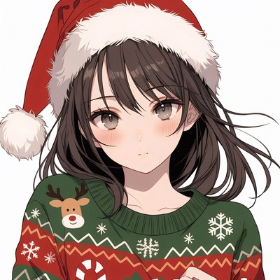 Anime girl in Santa hat and reindeer sweater