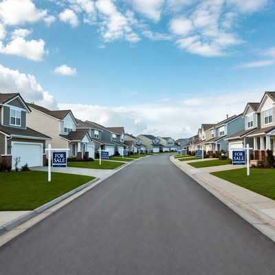 Suburban street with for sale signs
