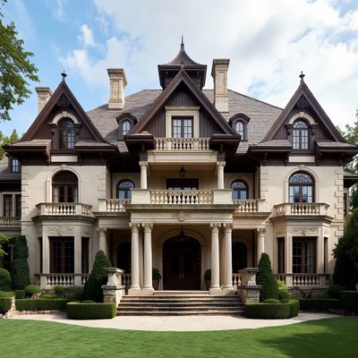 Luxury Mansion with Turrets and Columns