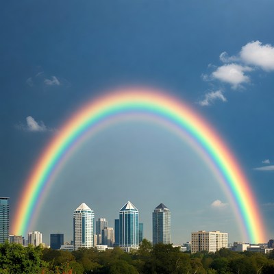 Rainbow over city skyline