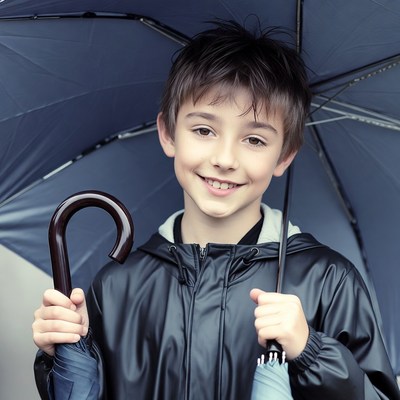 Boy holding umbrella and cane