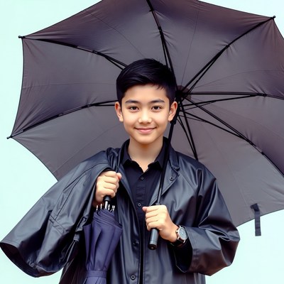 Asian boy holding umbrellas in raincoat